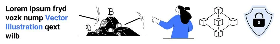 Abstract elements including random Latin text, cryptocurrency mining symbol w Stock Illustration