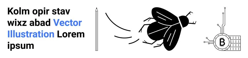 Abstract Elements Pencil, Flying Insect, Bitcoin Technology in Black and Wh.. イラスト素材