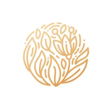 Abstract emblem flower in a circle in linear style. Monoline vector plant logo Stock Illustration