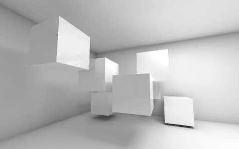 Abstract empty 3d interior with white flying cubes Illustrazione stock