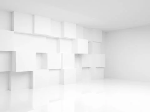 Abstract empty 3d interior with white cubes on the wall Illustrazione stock