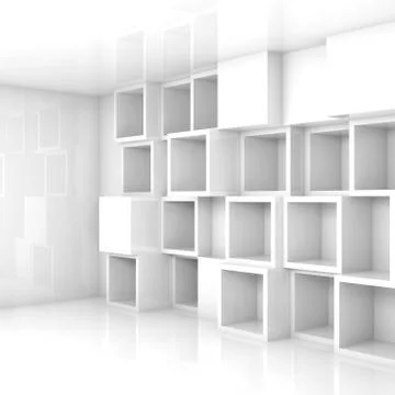 Abstract empty 3d interior, white cubes shelves on the wall Illustrazione stock