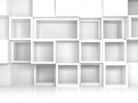 Abstract empty 3d interior with white square shelves Illustrazione stock