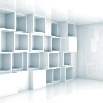 Abstract empty 3d interior, white empty cube shelves on wall Stock Illustration