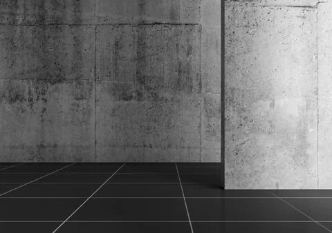 Abstract empty concrete interior with black floor tiling 3d Stock Illustration
