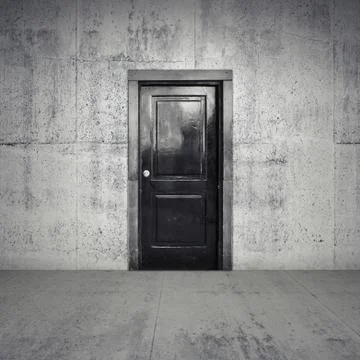 Abstract empty concrete interior with black wooden door Stock Photos