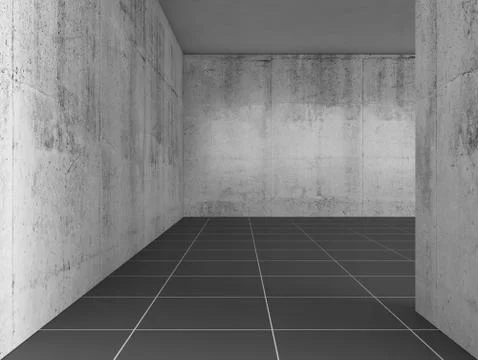 Abstract empty concrete room interior with black floor tiling 3d Stock Illustration