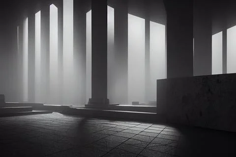 Abstract empty concrete room interior with columns and fog, digital illustrat Stock Illustration