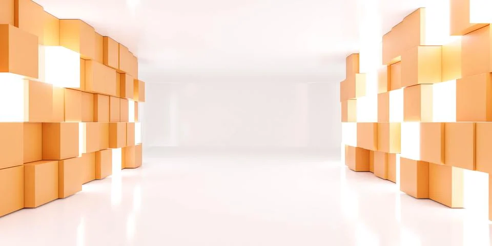 Abstract empty cube wall room with orange and white geometric shape walls 3d Stock Illustration