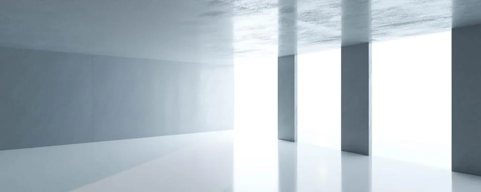 Abstract empty loft style concrete room with big windows and sunlight 3d Stock Illustration