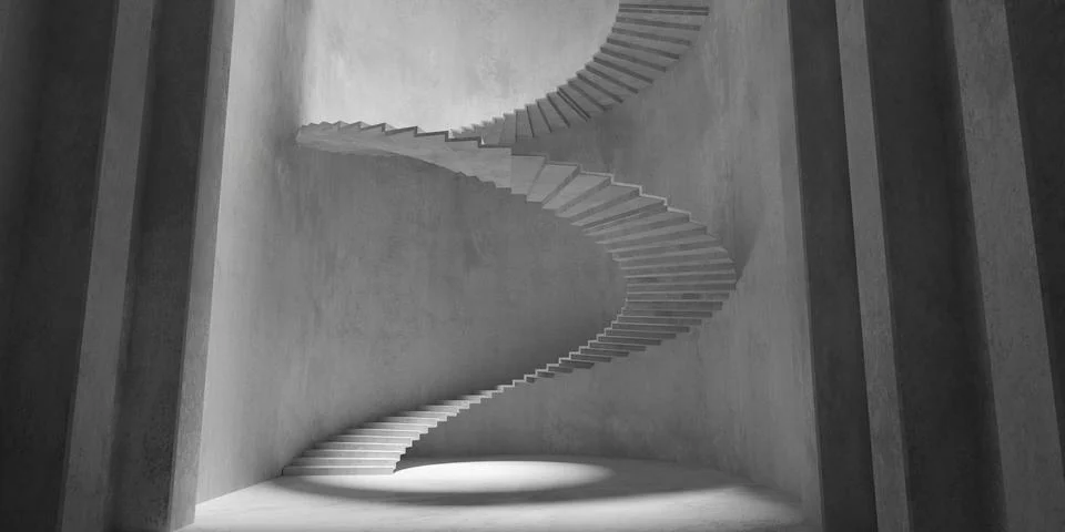 Abstract empty, modern concrete circular room or tower with spiral stairs t.. Stock Illustration