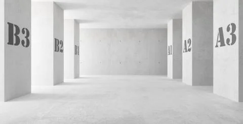 Abstract empty, modern concrete room with indirect lighting thru side pillars Ilustración de archivo