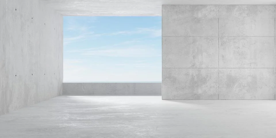 Abstract empty, modern concrete room with balcony opening with ocean view on  Stock Illustration