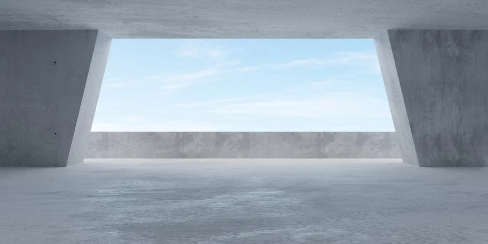 Abstract empty, modern concrete room with balcony with ocean view on the back Stock Illustration
