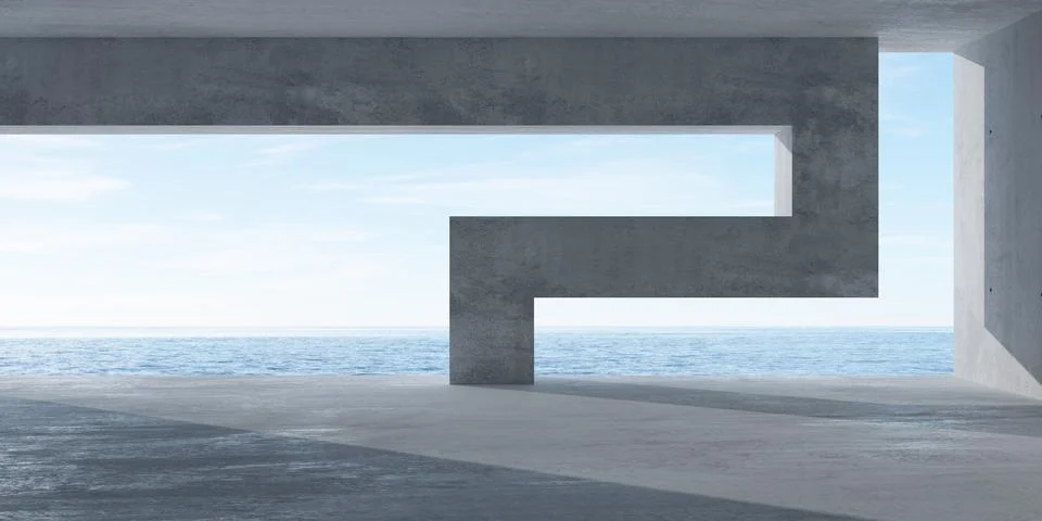 Abstract empty, modern concrete room with opening with ocean view, abstract d Stock Illustration