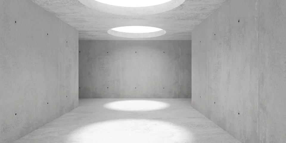 Abstract empty, modern concrete room with circular openings in the ceiling, c Stock Illustration