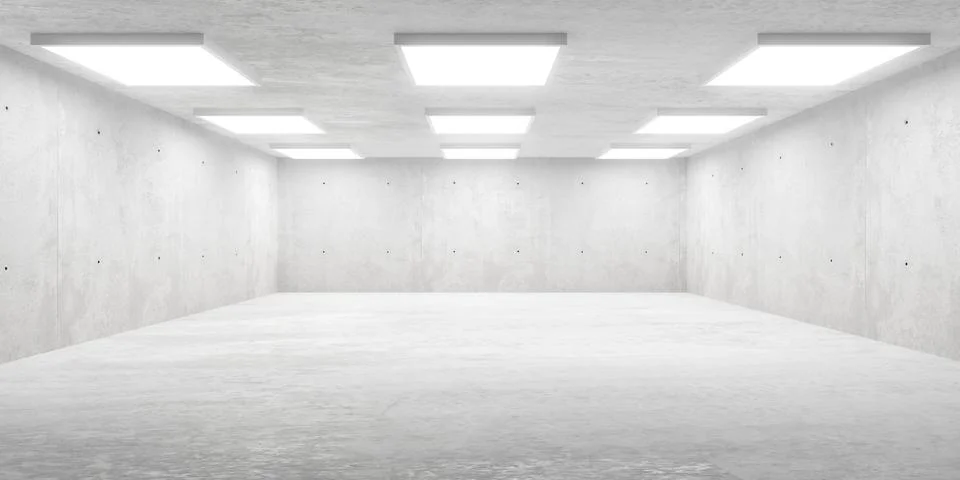 Abstract empty, modern concrete room with array of square lights on the ceili Ilustración de archivo