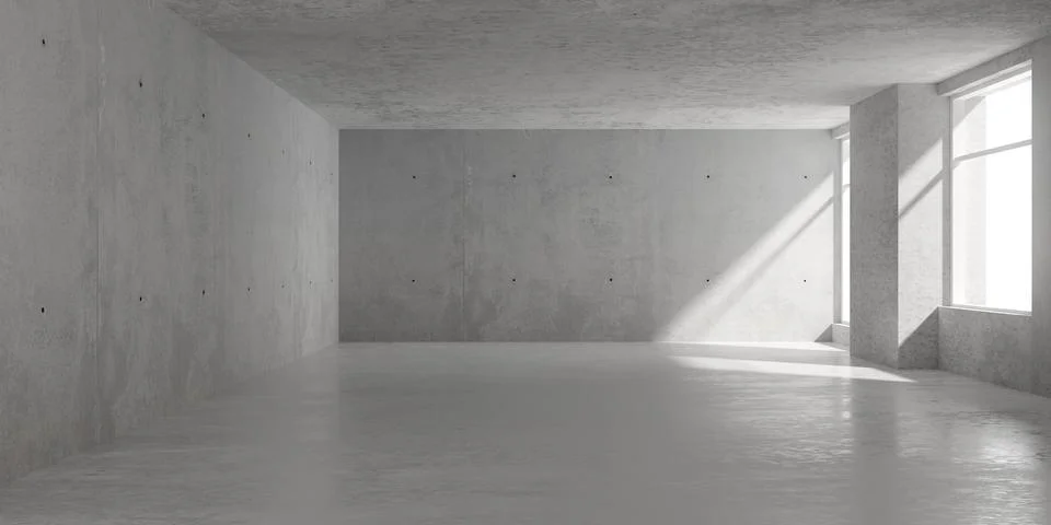 Abstract empty, modern concrete room with windows on the right wall, sunlight Ilustración de archivo