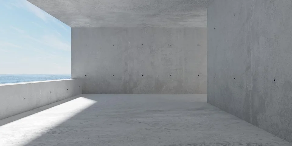 Abstract empty, modern concrete room with balcony opening on the left wall,.. Stock Illustration