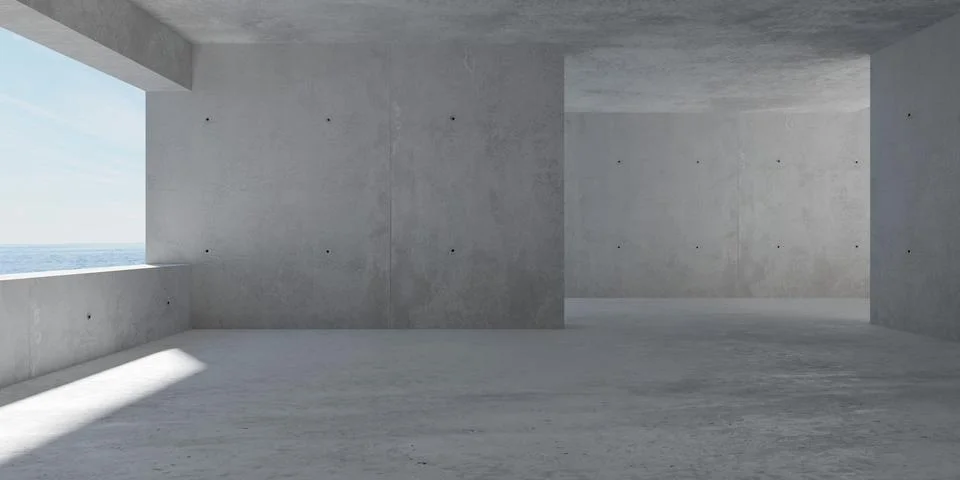 Abstract empty, modern concrete room with balcony opening on the left wall .. Stock Illustration
