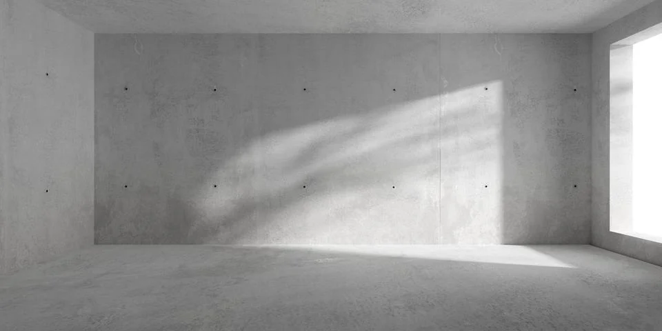 Abstract empty, modern concrete room with window opening on the right, tree.. Ilustración de archivo