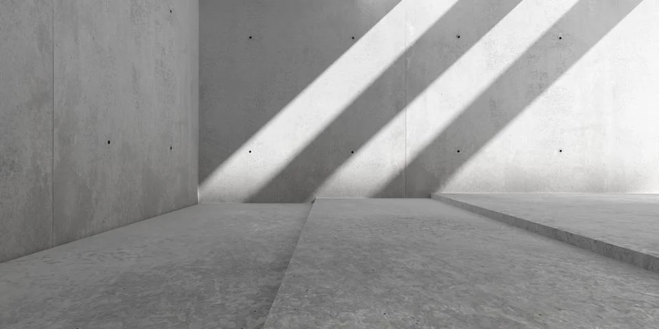 Abstract empty, modern concrete room with large steps, ceiling beam sunligh.. Stock Illustration