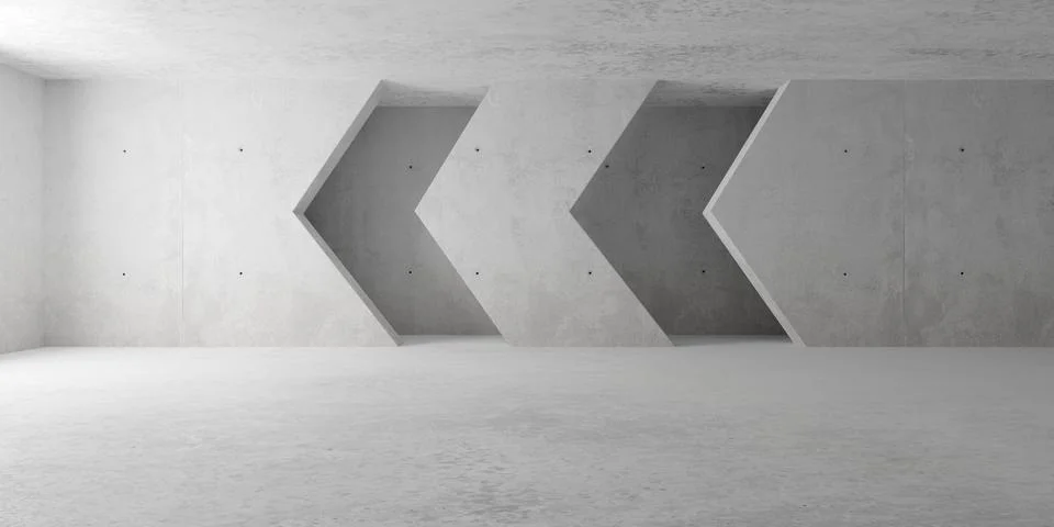 Abstract empty, modern concrete room with double arrow in the back wall and.. Ilustración de archivo