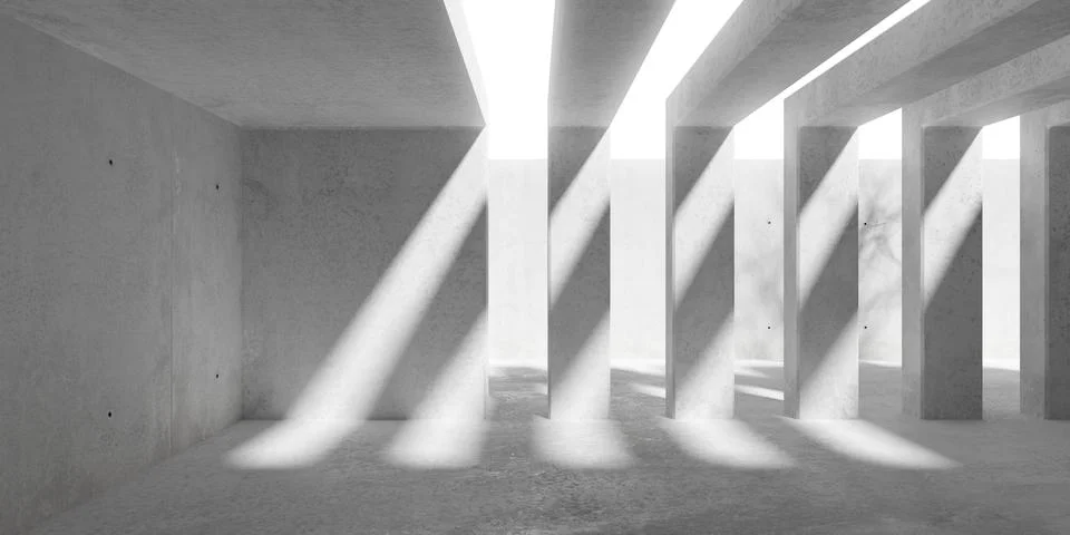 Abstract empty, modern concrete room with wall openings, rough floor and ou.. Stock Illustration
