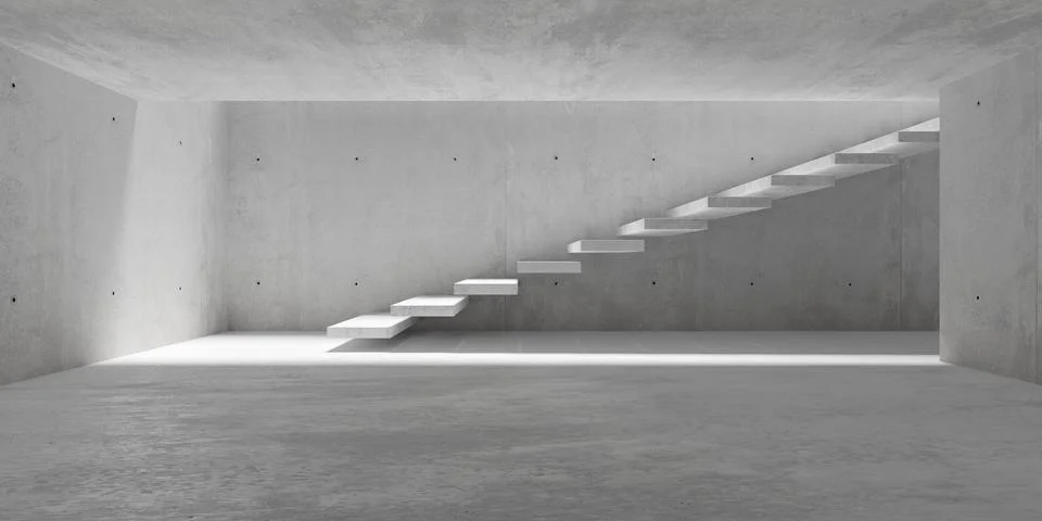Abstract empty, modern concrete room with staircase in the back with concre.. Ilustración de archivo