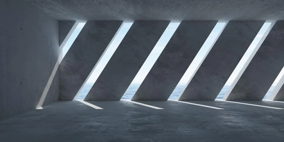 Abstract empty, modern concrete room with diagonal openings in the back wal.. Ilustración de archivo