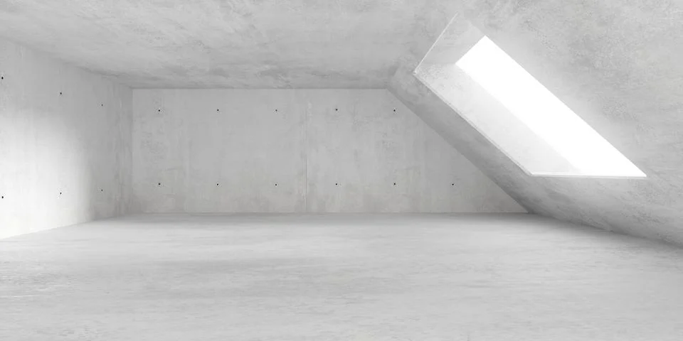 Abstract empty, modern concrete room with wide diagonal window opening, sun.. Ilustración de archivo