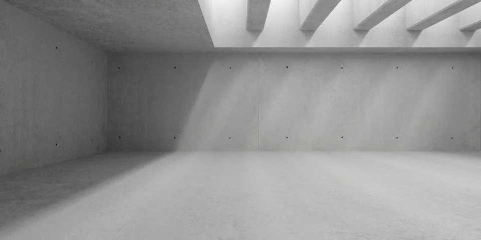 Abstract empty, modern concrete room with beam grid in the back and rough f.. Ilustración de archivo