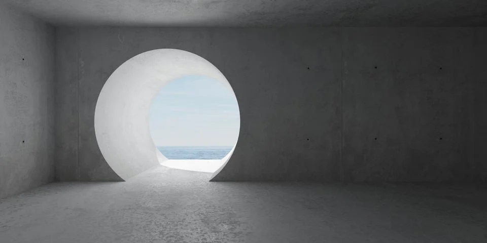 Abstract empty, modern concrete room with round large opening in the back w.. Ilustración de archivo
