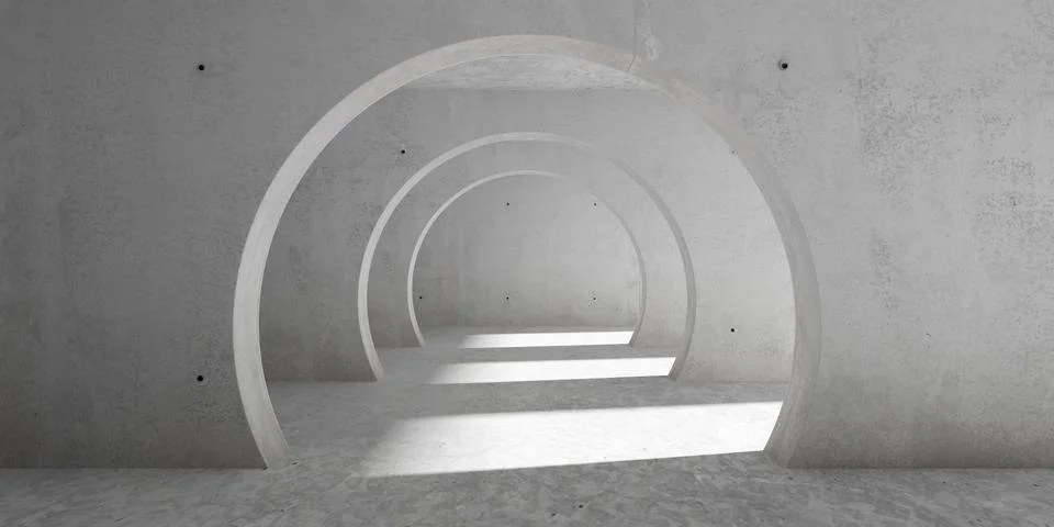 Abstract empty, modern concrete room with row of round circular doorframe o.. Stock Illustration