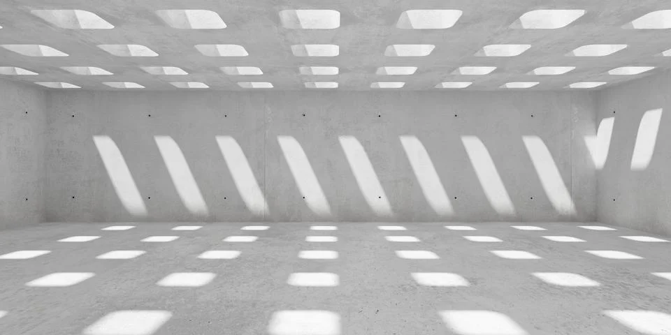 Abstract empty, modern concrete room with rounded square openings in the ce.. Ilustración de archivo
