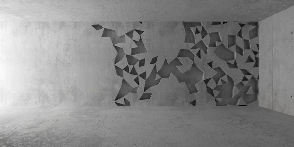 Abstract empty, modern concrete room random triangle niches in the back wal.. Ilustración de archivo