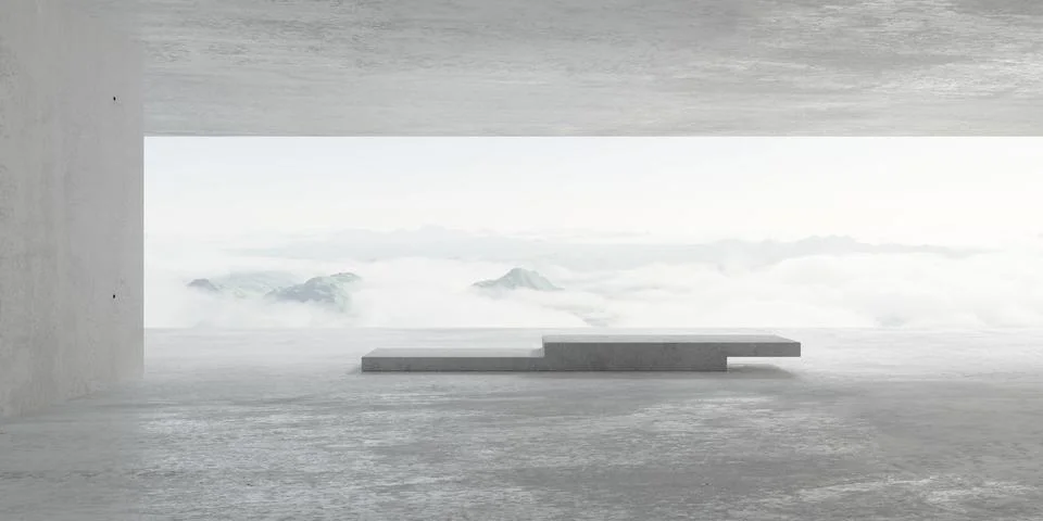 Abstract empty, modern concrete room with open back wall with view across c.. Ilustración de archivo