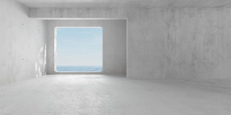 Abstract empty, modern concrete room with rectangle opening in the back wal.. Ilustración de archivo
