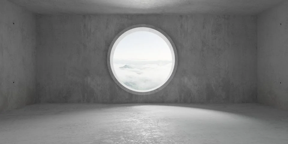 Abstract empty, modern concrete room with round window opening in the back .. Ilustración de archivo