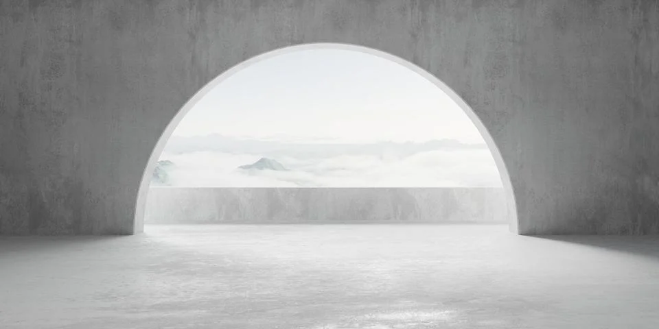 Abstract empty, modern concrete room with round opening in the back wall wi.. Ilustración de archivo