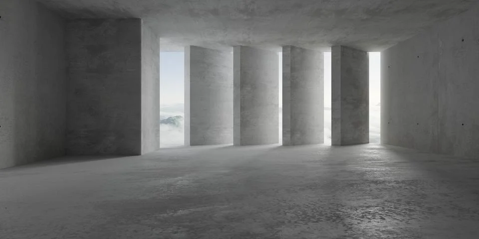 Abstract empty, modern concrete room with rotated pillar row in the back an.. Ilustración de archivo