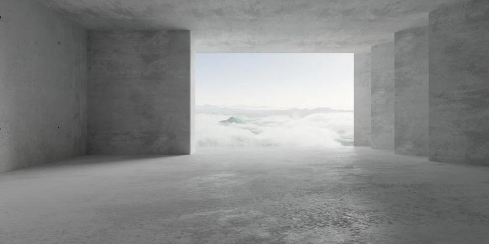Abstract empty, modern concrete room with opening in the back wall, pillar .. Ilustración de archivo