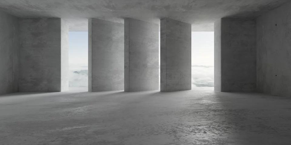 Abstract empty, modern concrete room with pillar row in the back opening an.. Ilustración de archivo