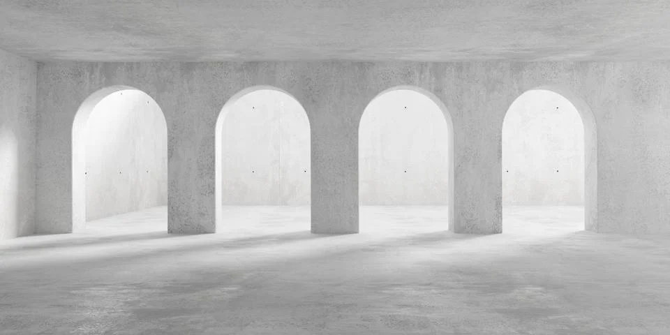 Abstract empty, modern concrete room with row of door opening in the back w.. Ilustración de archivo