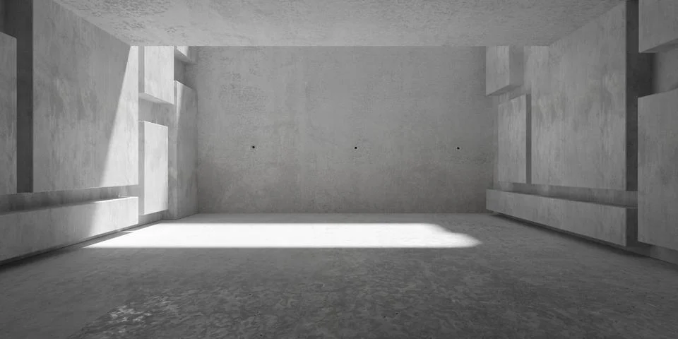 Abstract empty, modern concrete room with sunlight in the back, random offs.. Ilustración de archivo