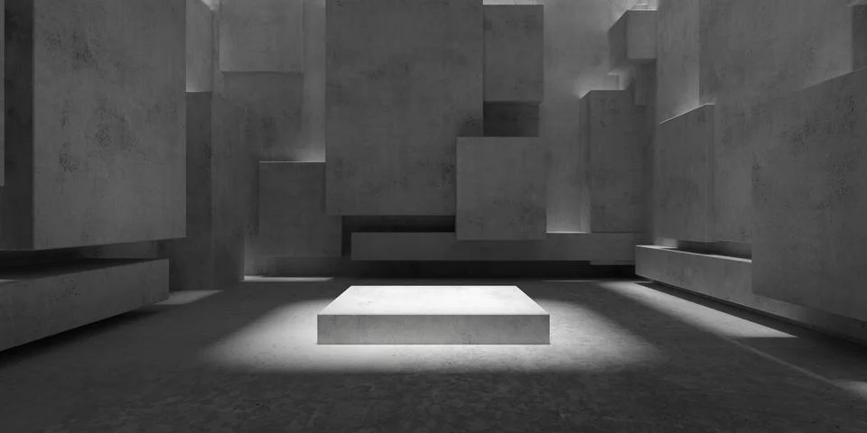 Abstract empty, modern concrete room with sunlight in the back, random offs.. Ilustración de archivo