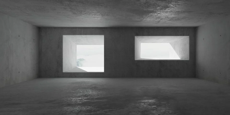 Abstract empty, modern concrete room with sloped openings in the back, moun.. Ilustración de archivo