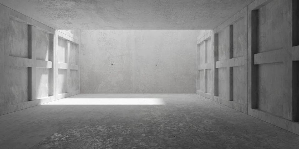 Abstract empty, modern concrete room with sunlight in the back, tiled inset.. Ilustración de archivo