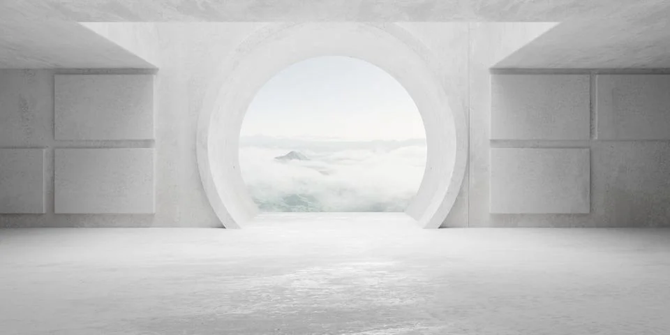Abstract empty, modern concrete room with panels, round opening in the back.. Ilustración de archivo