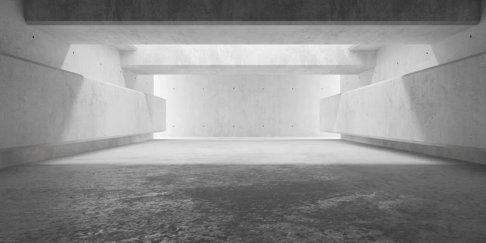 Abstract empty, modern concrete room with heavy beams, back corridor and ro.. Ilustración de archivo